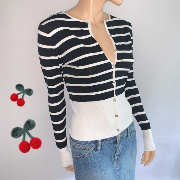 Retro Cherry Striped Y2K Ribbed Cardigan Sweater - Picture 4 of 15
